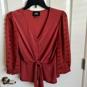Fifty Street Tie-Front Blouse Swiss Dot‎ Long Sleeve Top Rust Size S